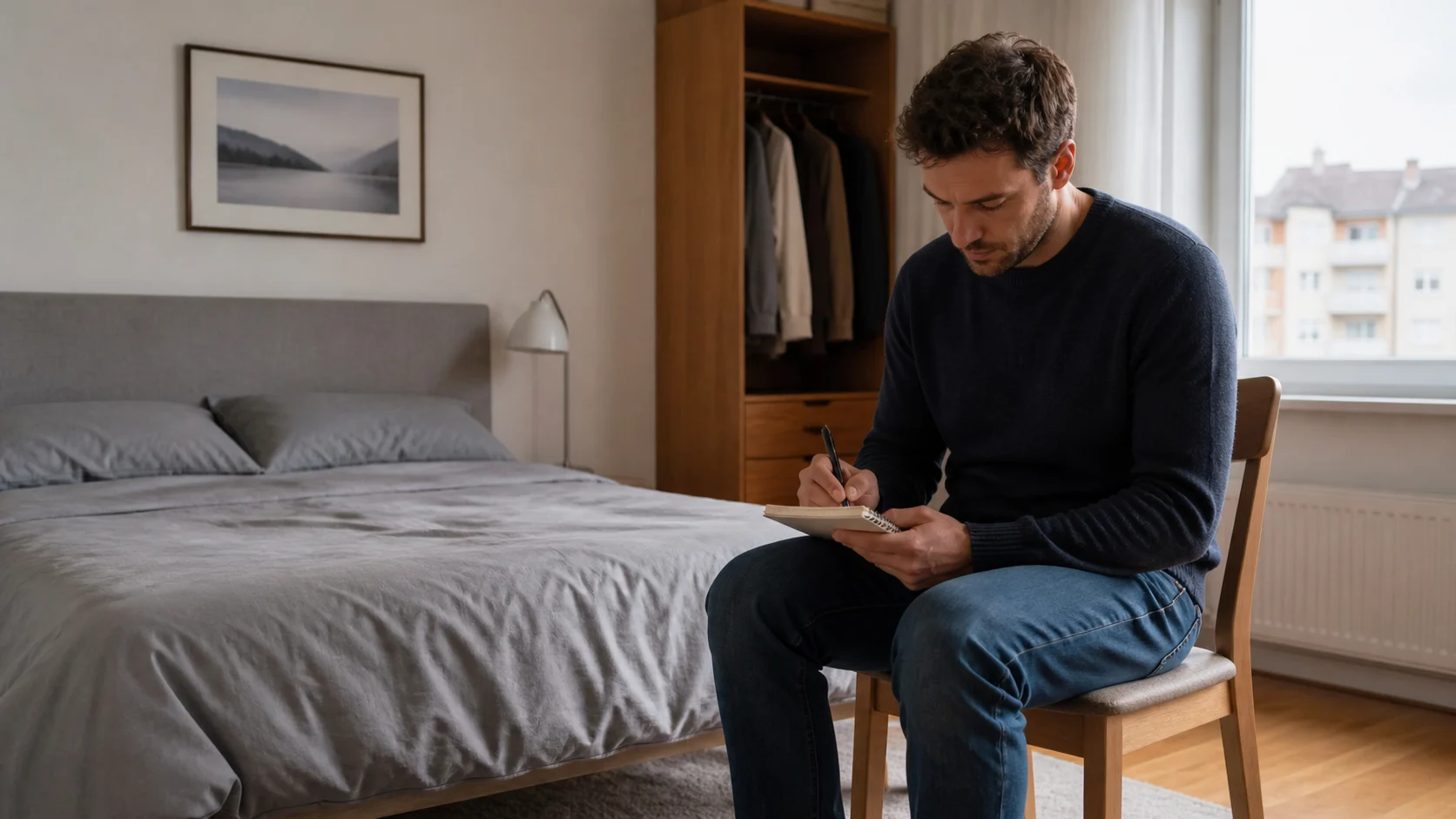 Eine Bewohnerin hält in ihrem Schlafzimmer mit Abstand Beobachtungen in einer Notiz fest, ohne Gegenstände umzuräumen.