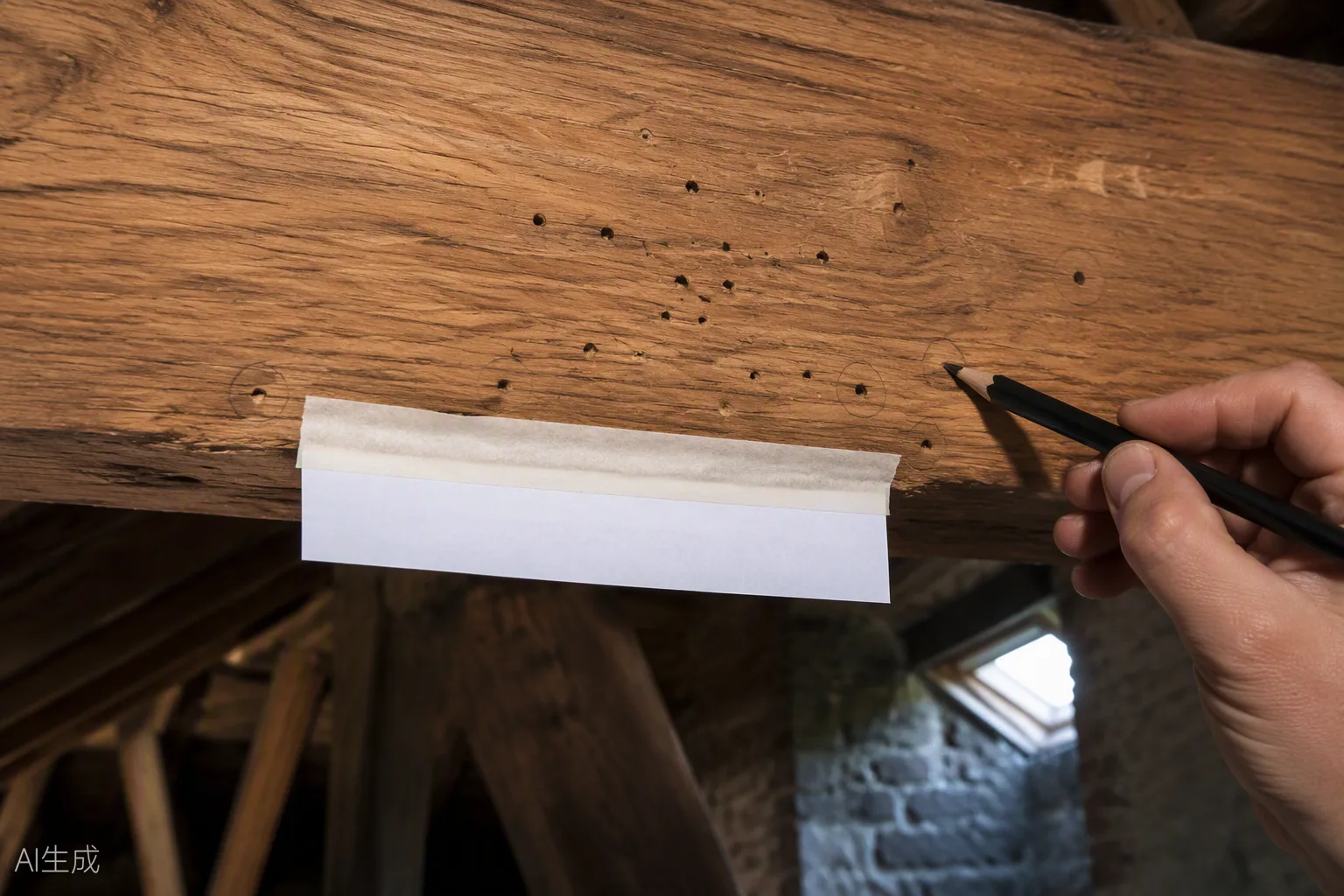 Weisser Papierstreifen unter einer Reihe kleiner Bohrlöcher in einem Holzbalken, daneben eine Hand, die Löcher mit Bleistift einkreist