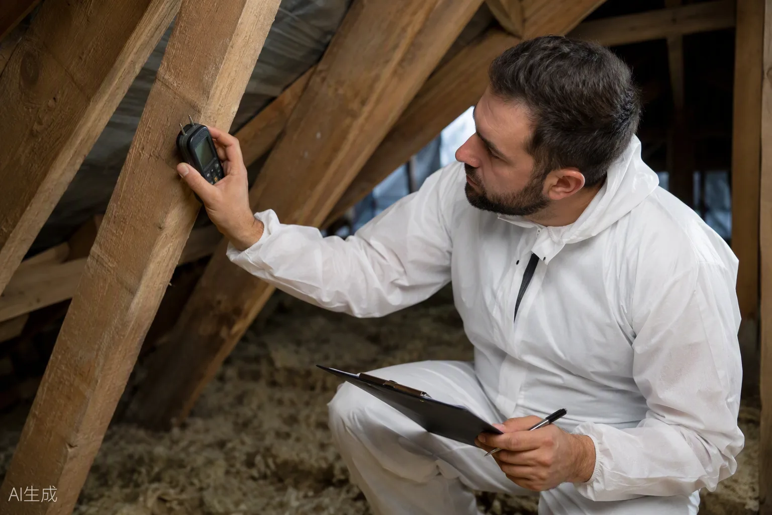 Schädlingsbekämpfer im weissen Overall misst mit einem elektronischen Holzfeuchtemessgerät einen Sparren im Dachstuhl und notiert Werte auf einem Klemmbrett