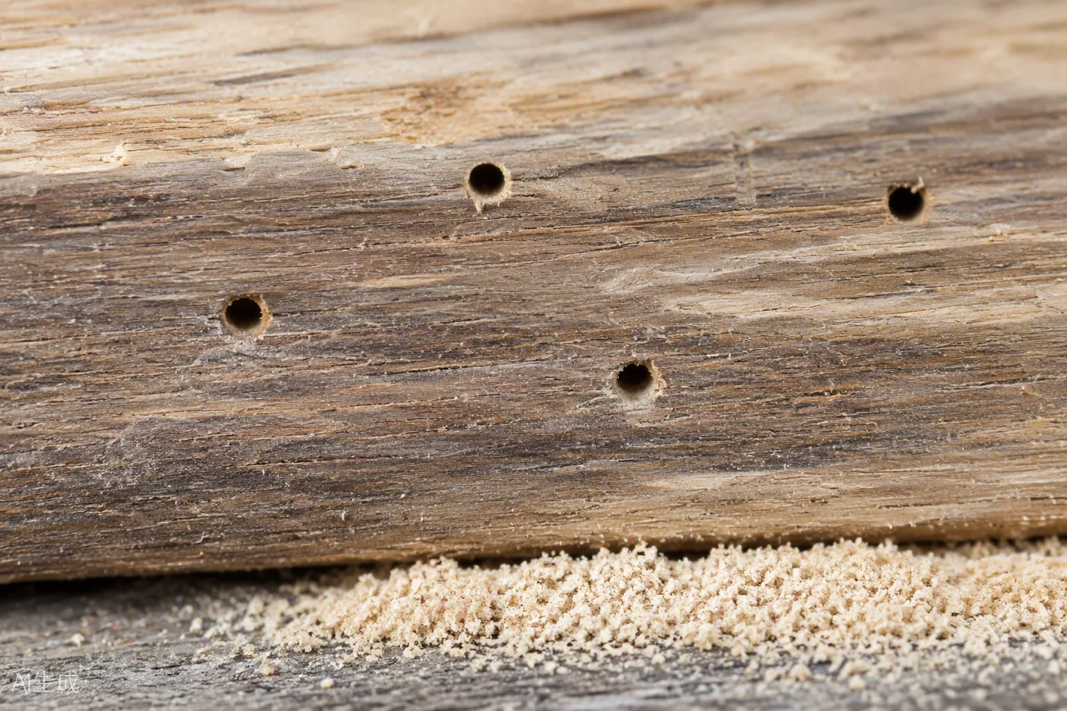 Makroaufnahme einer Holzbalken-Oberfläche mit vier runden Schlupflöchern und einem Saum feinen, hellen Bohrmehls am Balkenfuss